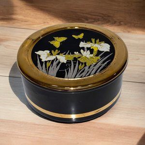Vintage Black Round Trinket Box with Lid Art of Chokin 24K Gold Floral Butterfly